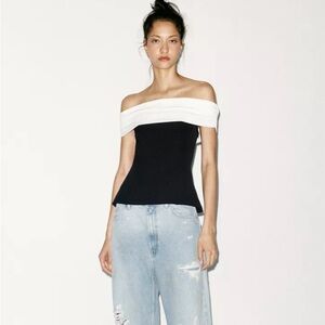 ZARA NWT Black white Off shoulder top blouse XS
